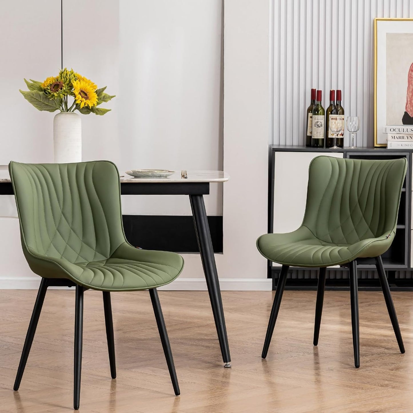 Kidol & Shellder Bean-Green Dining Chairs Set of 2,Upholstered Mid Century Modern Kitchen&Dining Room Chair with Back,Ergonomic Armless Vanity&Living Room Chair with Metal Legs