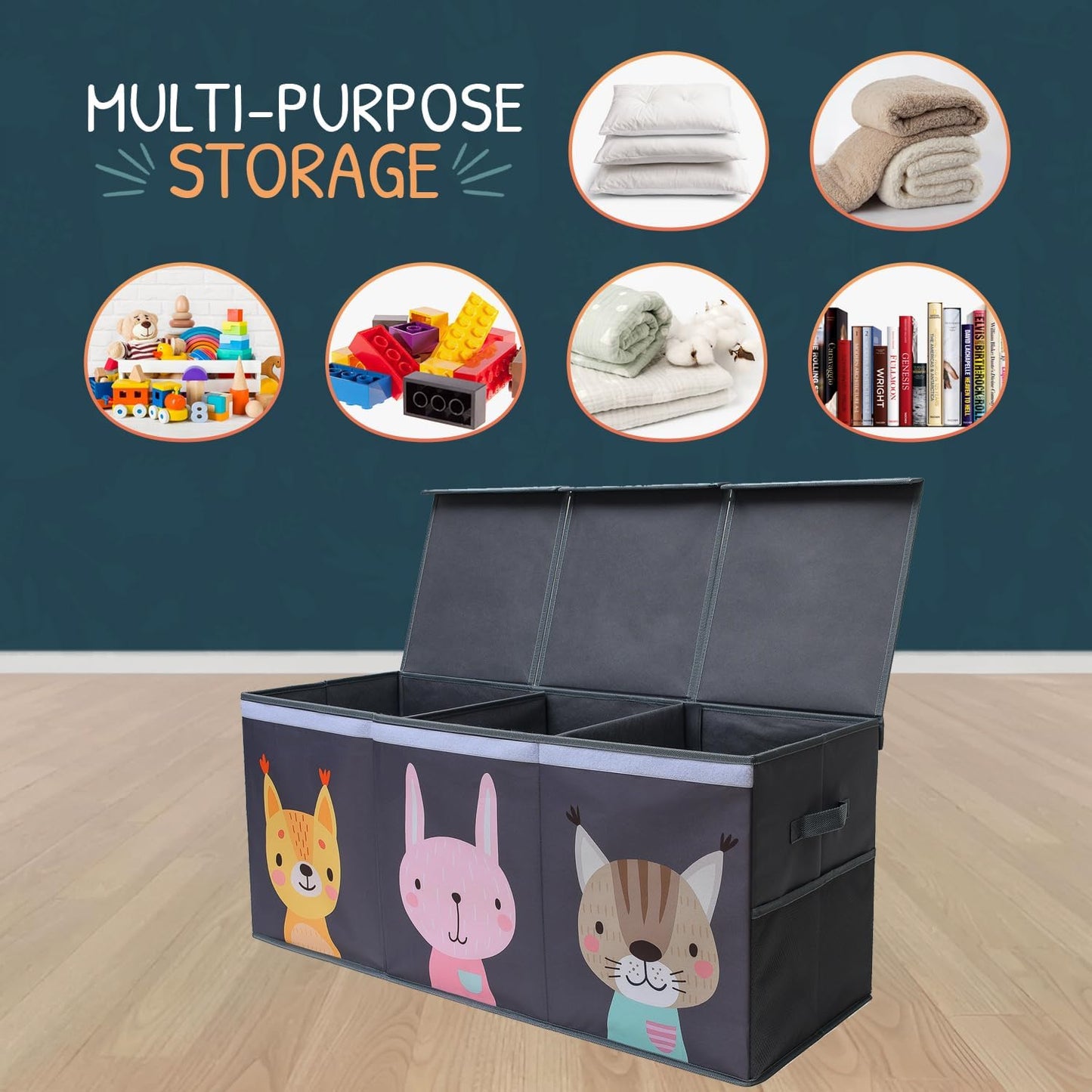 Extra Large Toy Storage Organizer with Lid - Sturdy, Collapsible Toy Chest Storage Box with Cute Design - Toys Bin with Dividers for Kids, Boys, Girls, Nursery, Bedroom, Play room 37"x16"x14"
