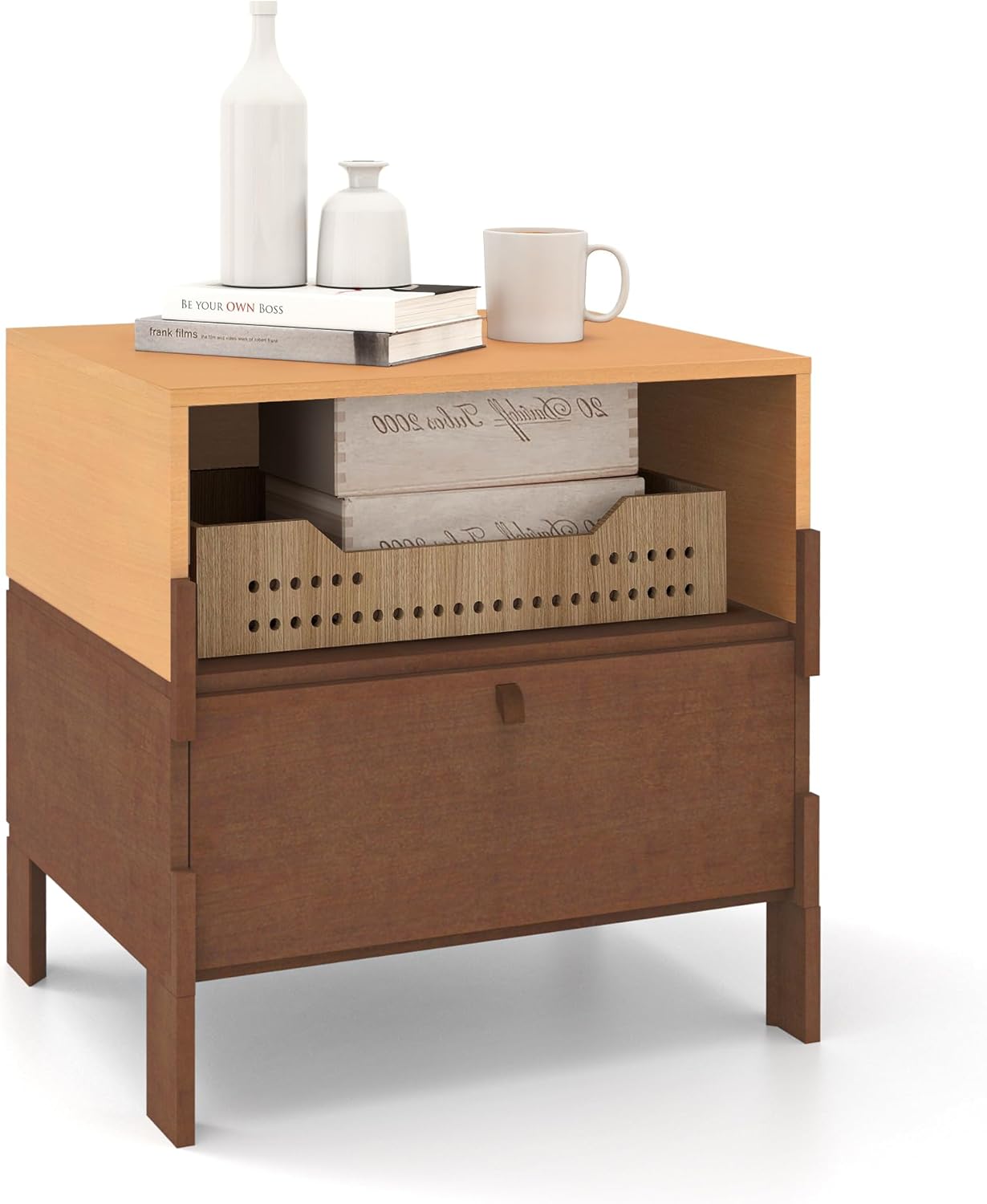 SBS-AL-21-23 Sebastack Night Stand, Customizable 2 Drawers Bedside Table, End Table, Side Table for Bedroom, Mid-Century Style Wood Chest of Furnitures, Basswood and Walnut Color Combo