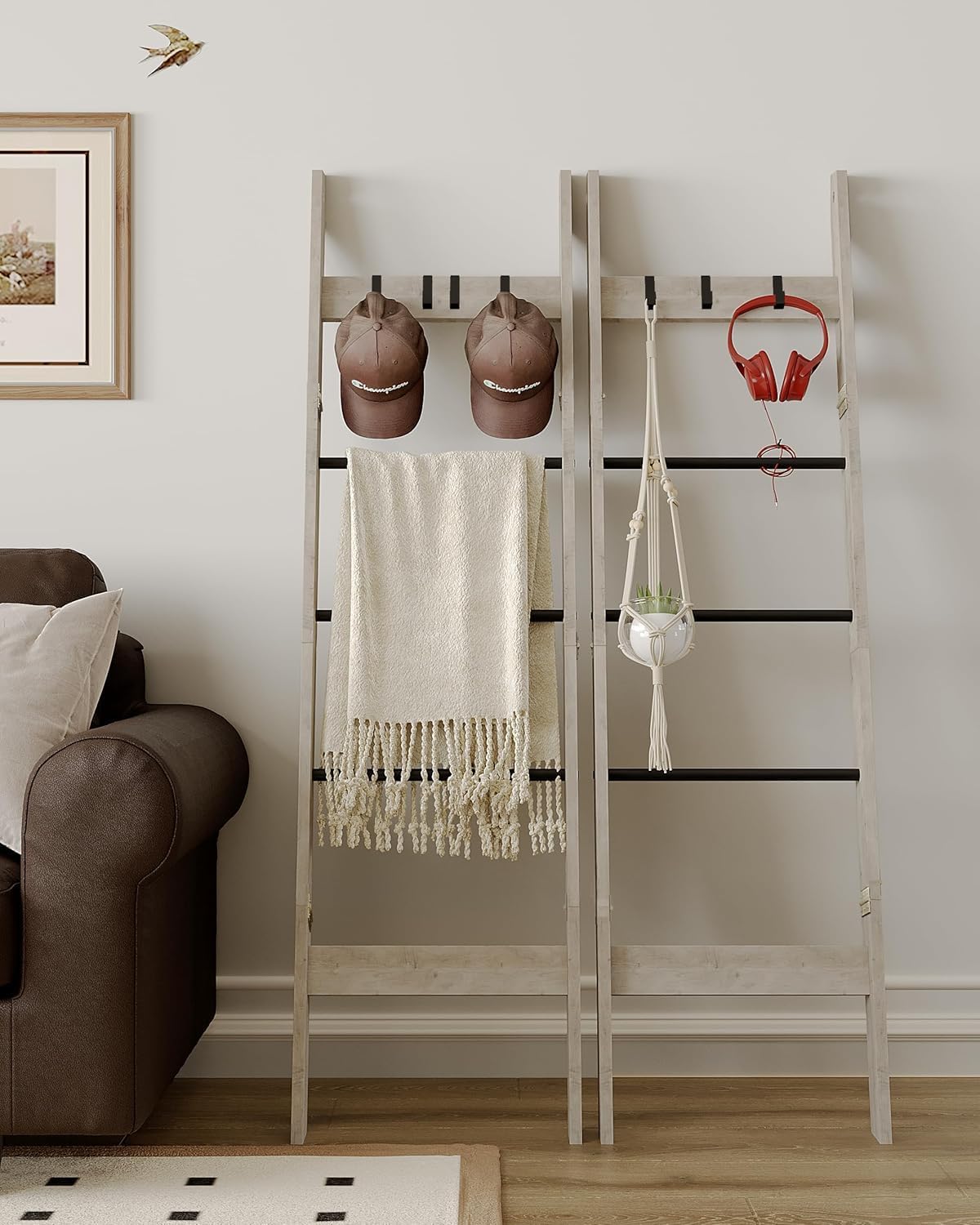 Blanket Ladder for Living Room, Decorative Quilt Rack with 4 Removable Hooks, 5-Tier Farmhouse Ladder Holder Shelf Organizer for Bedroom, Greige and Black BR02105B