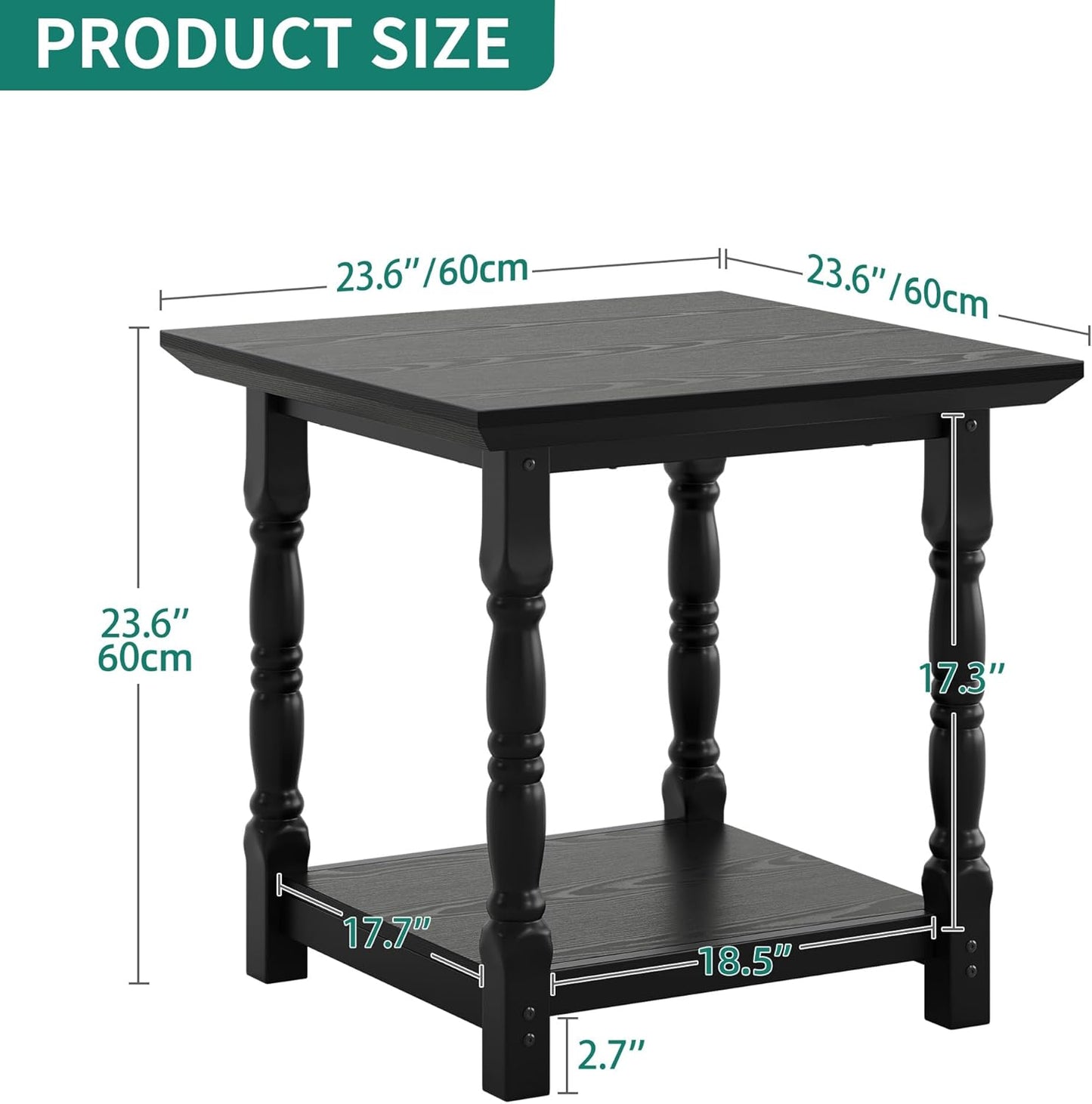 DWVO Farmhouse Square Coffee Table Set of 2, Antique Accent Side Table with Floor Shelf, 23.6"x 23.6" Living Room Furniture, Black