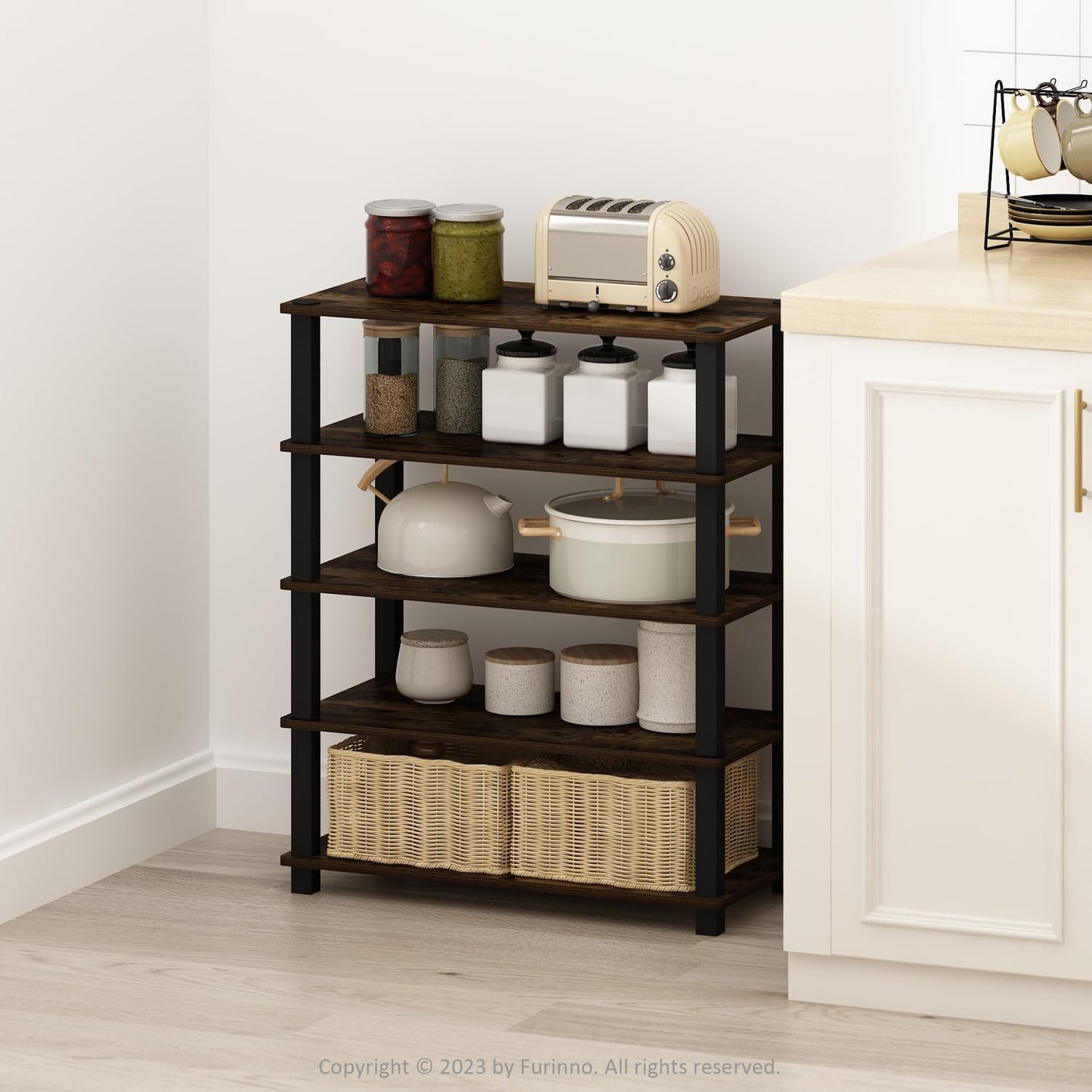 Furinno Turn-S-Tube 3-Tier Multipurpose Stackable Standing Shelves, Amber Pine/Black, Set of 2