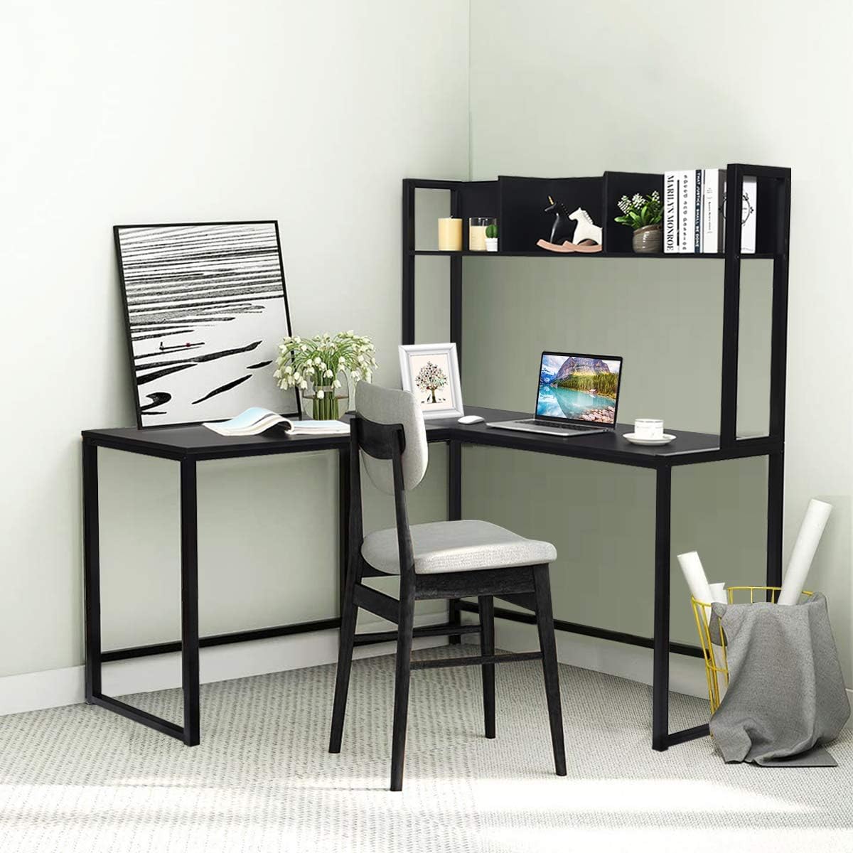 Tangkula Reversible L-Shaped Desk with Hutch, Space Saving Corner Computer Desk with Storage Shelves, Home Office Study Writing Desk Computer Workstation with Storage Bookshelf, Gaming Desk