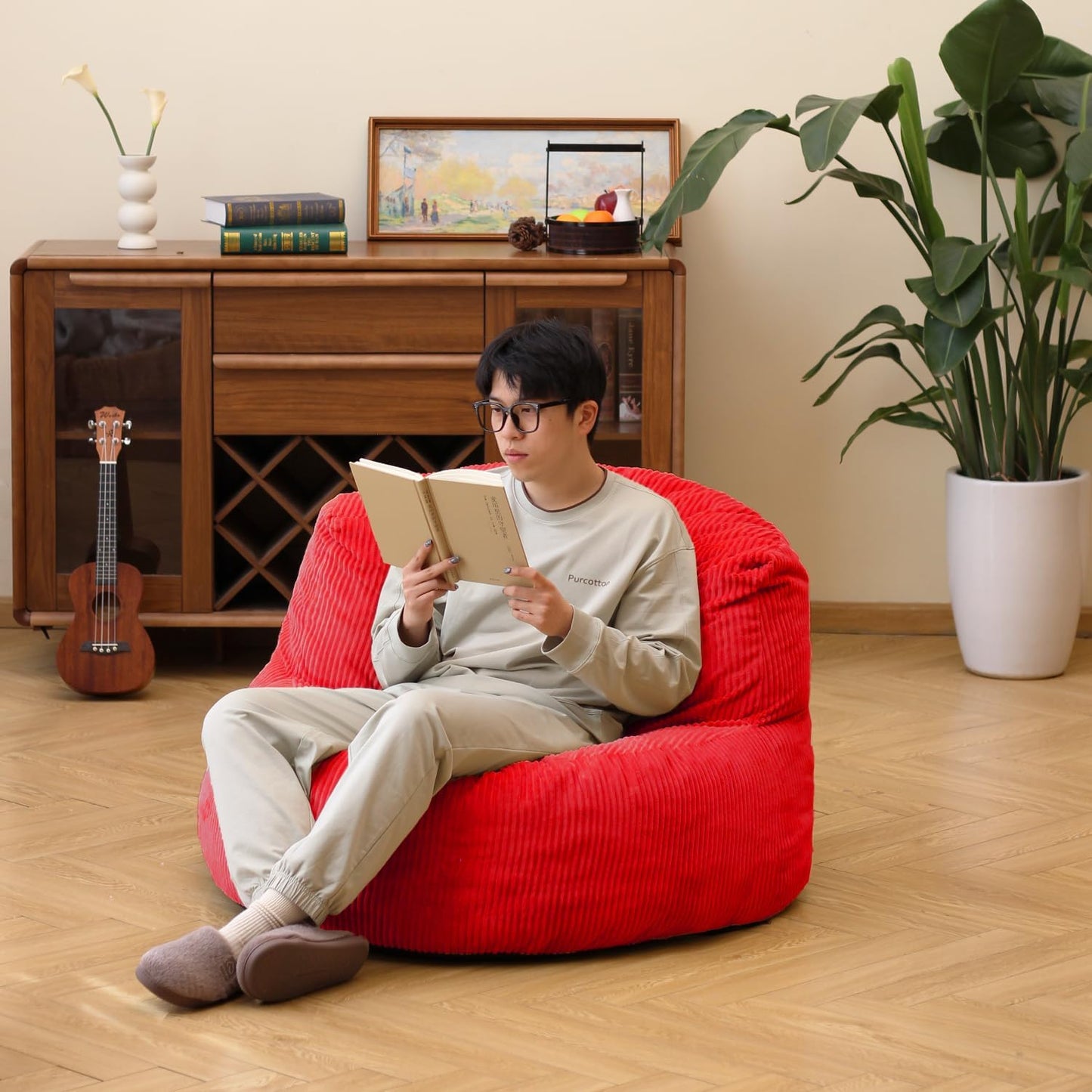 N&V Large Crescent Bean Bag Chair, Adult Size Bean Bag Sack, Foam Filling, Soft Premium Corduroy Bean Bag for Living Room Bedroom Dorm and Office (Red)