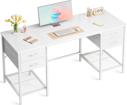 Huuger 55 Inch White Desk with 4 Drawers, Vanity Desk with Mesh Shelf for Makeup, Computer Desk for Home Office with Large Storage, Bedroom, Work from Home