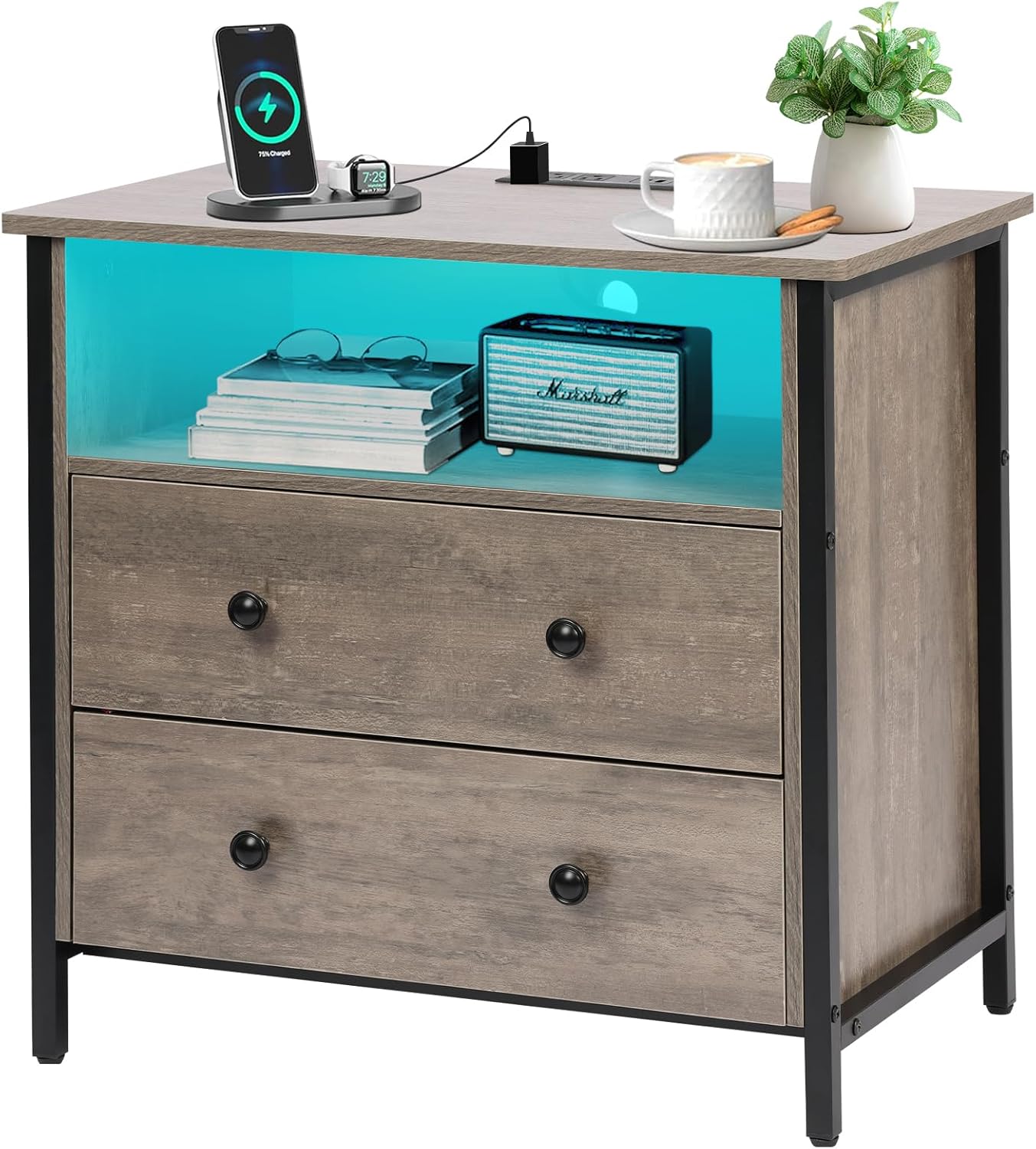 27 Inch Wide Night Stand, Large Wood Night Stand with 2 Drawers, LED Nightstand with Charging Station and Adjustable Drawer, Bedside Table for Living Room/Bedroom/Study/Office, Gray.