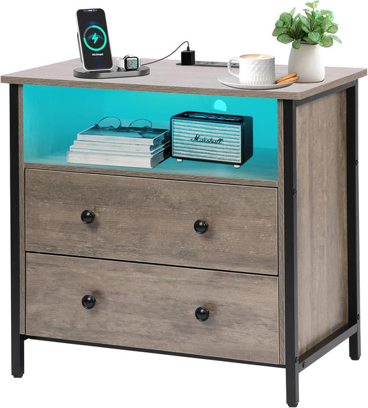 27 Inch Wide Night Stand, Large Wood Night Stand with 2 Drawers, LED Nightstand with Charging Station and Adjustable Drawer, Bedside Table for Living Room/Bedroom/Study/Office, Gray.