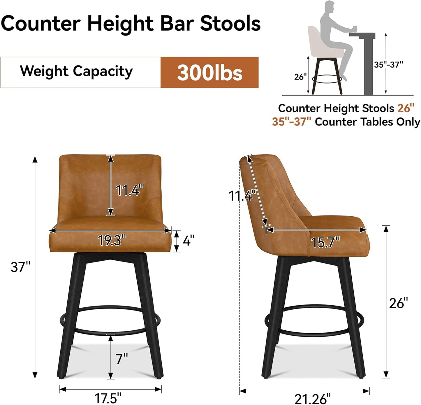 Counter Height Bar Stools Set of 3, Modern Swivel Barstools with Back and Wood Legs, Faux Leather Upholstered Bar Chairs, 26" H Kitchen Counter Stools, Kitchen Island Home Bar, Whisky Brown