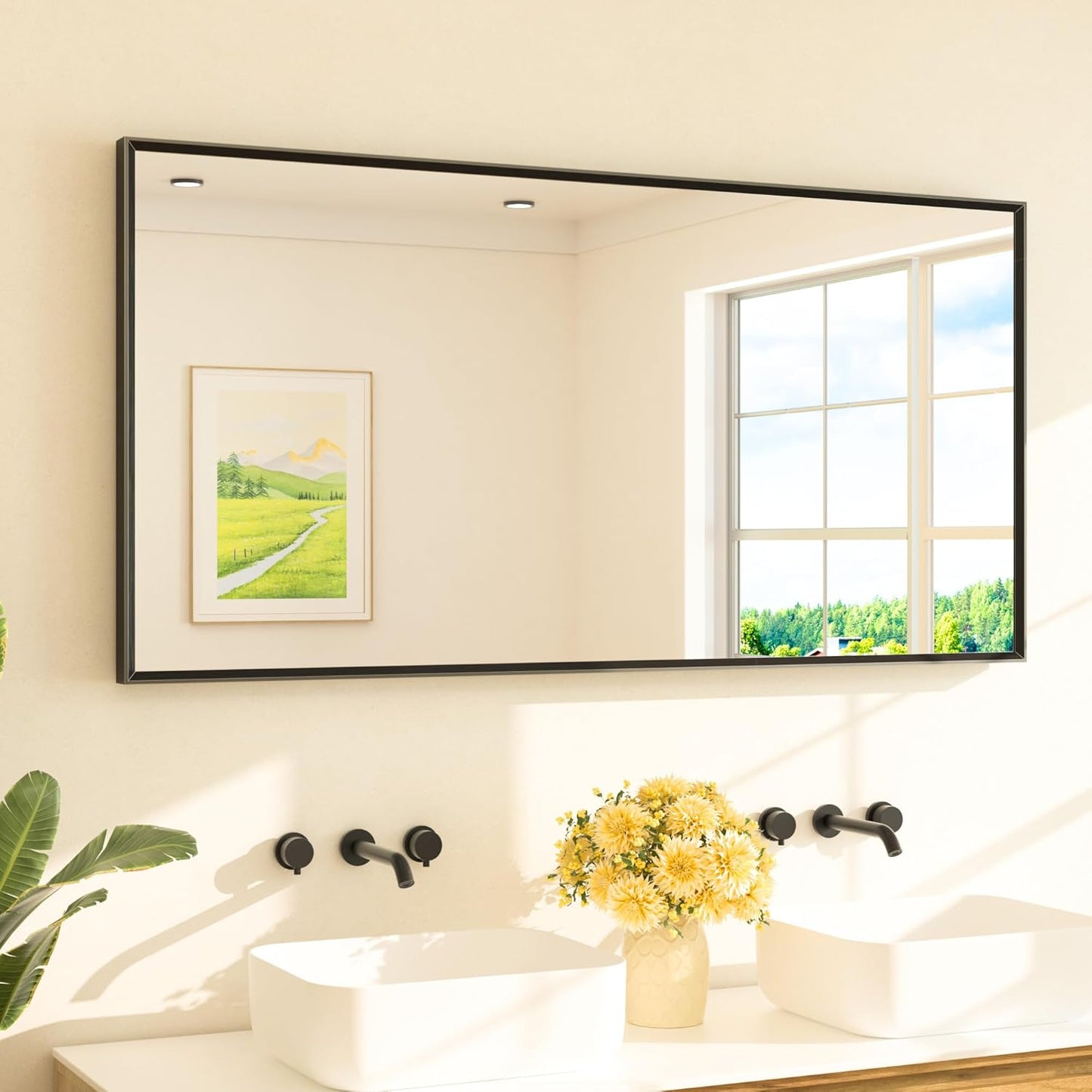 TETOTE Matte Black Beveled Framed Bathroom Mirror 60" x 30" Large Black Rectangle Metal Vanity Wall Mirror for Bathroom Sink, Modern Farmhouse, Tempered Glass, Shatterproof, Stronger Frame