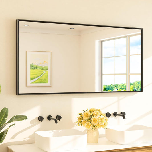TETOTE Matte Black Beveled Framed Bathroom Mirror 60" x 30" Large Black Rectangle Metal Vanity Wall Mirror for Bathroom Sink, Modern Farmhouse, Tempered Glass, Shatterproof, Stronger Frame