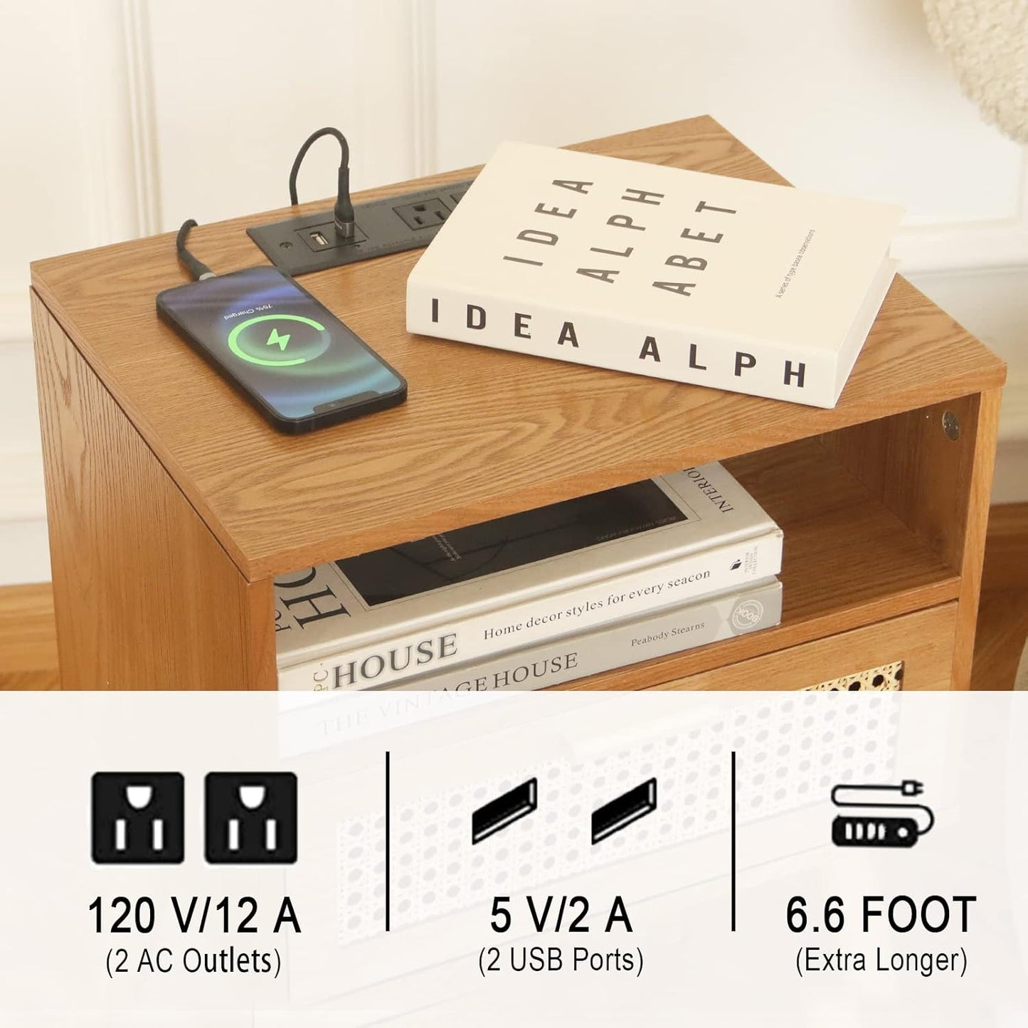 MaxSmeo Mid Century Modern Nightstand with Charging Station, Bedside Tables with Rattan Drawer, Small Wood Nightstand Side Table for Living Room,Bedroom (Brown)