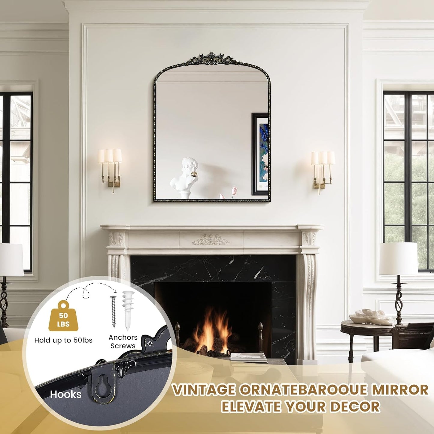 WallBeyond Gold Vintage Arched Mirror, 28x36 Inch, Black Ornate Frame, Wall Mounted, Rectangular, Art Deco Style for Bathroom, Living Room, Bedroom