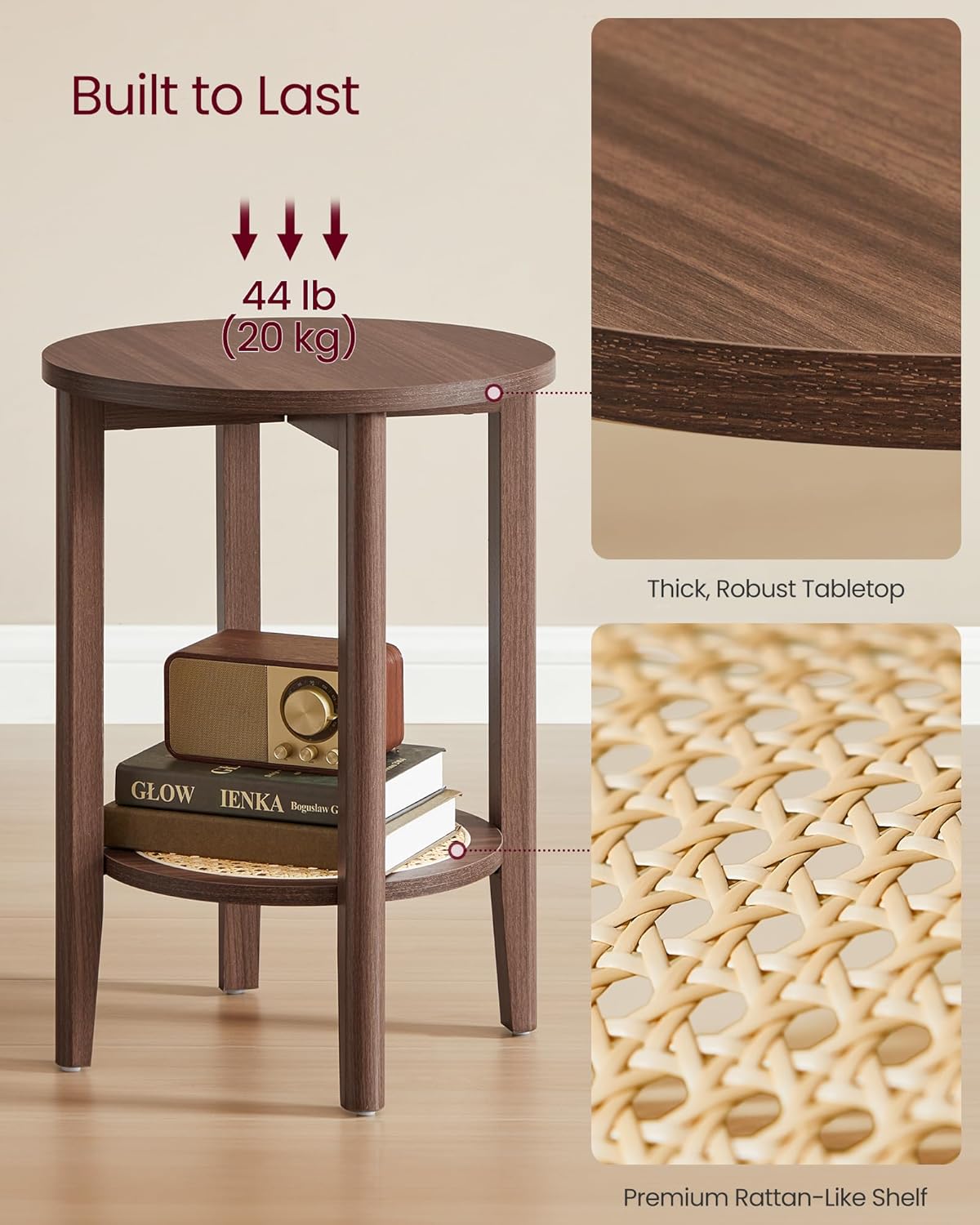 VASAGLE Round Side End Table, 2-Tier Boho Bedside Table with Rattan-Look Storage Shelf, Nightstand for Small Spaces, for Living Room, Bedroom, Home Office, Black Walnut ULET296K01