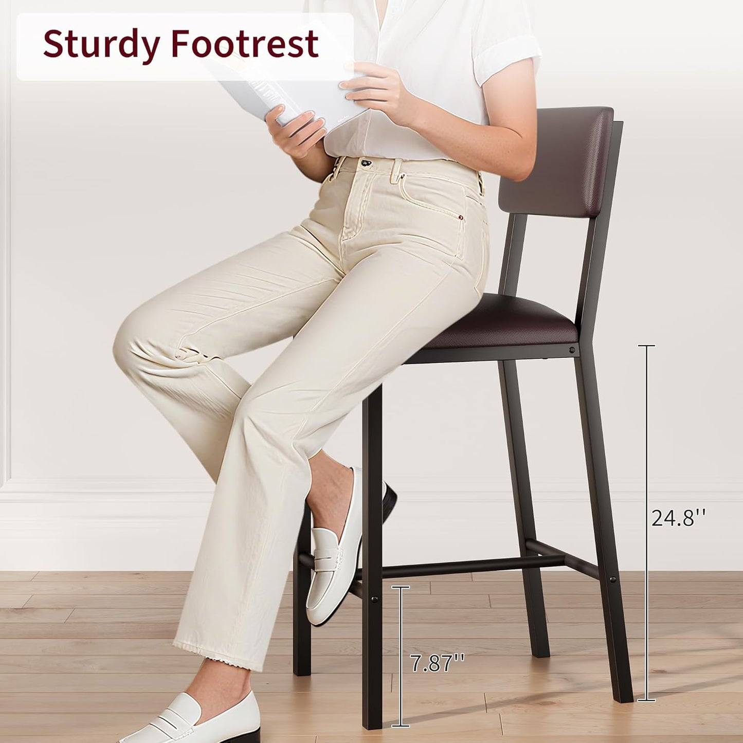 GarveeHome Bar Stools Set of 2, Counter Stools with Back and Thickened Metal Legs, Upholstered PU Leather Counter Height Barstools with Footrest, for Kitchen Island, Bar, Dark Brown