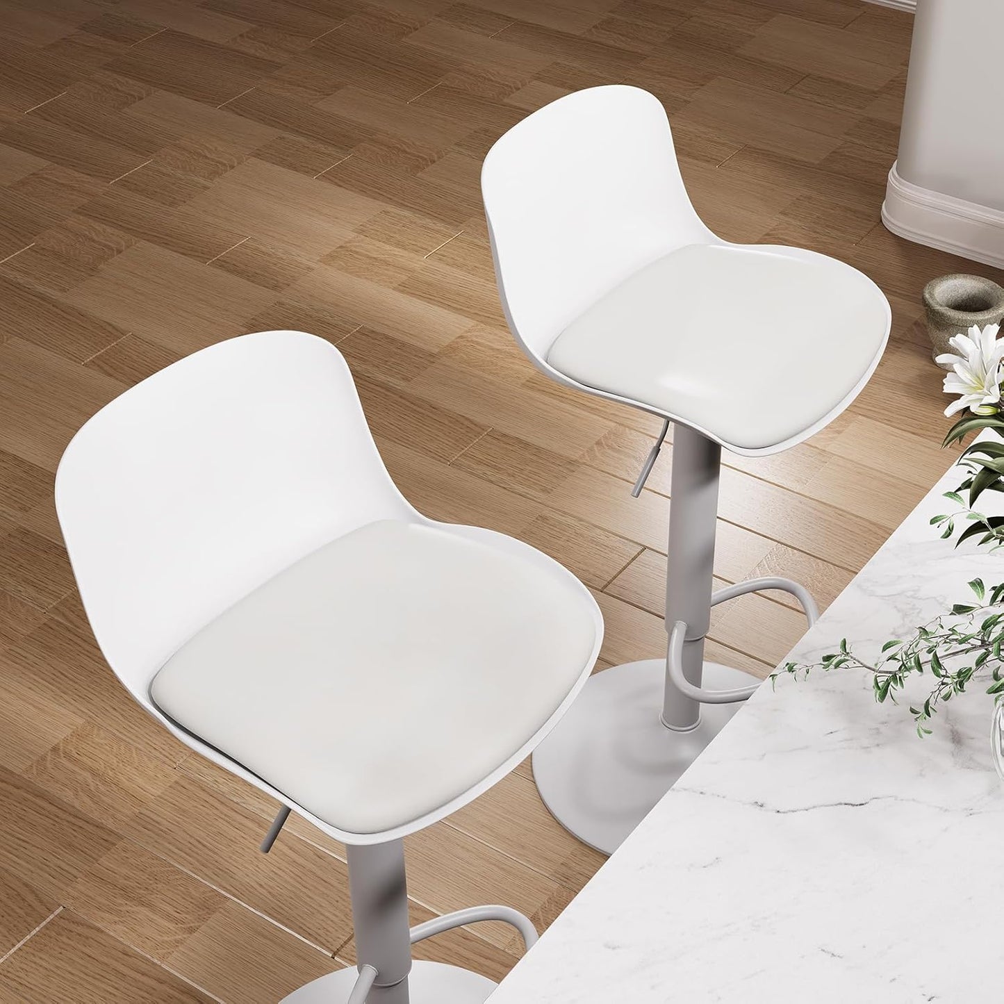 YOUTASTE White Bar Stools Set of 2 Adjustable Counter Height Bar Stool PU Leather Metal Barstools with Back Swivel High Top Bar Chairs Home Kitchen