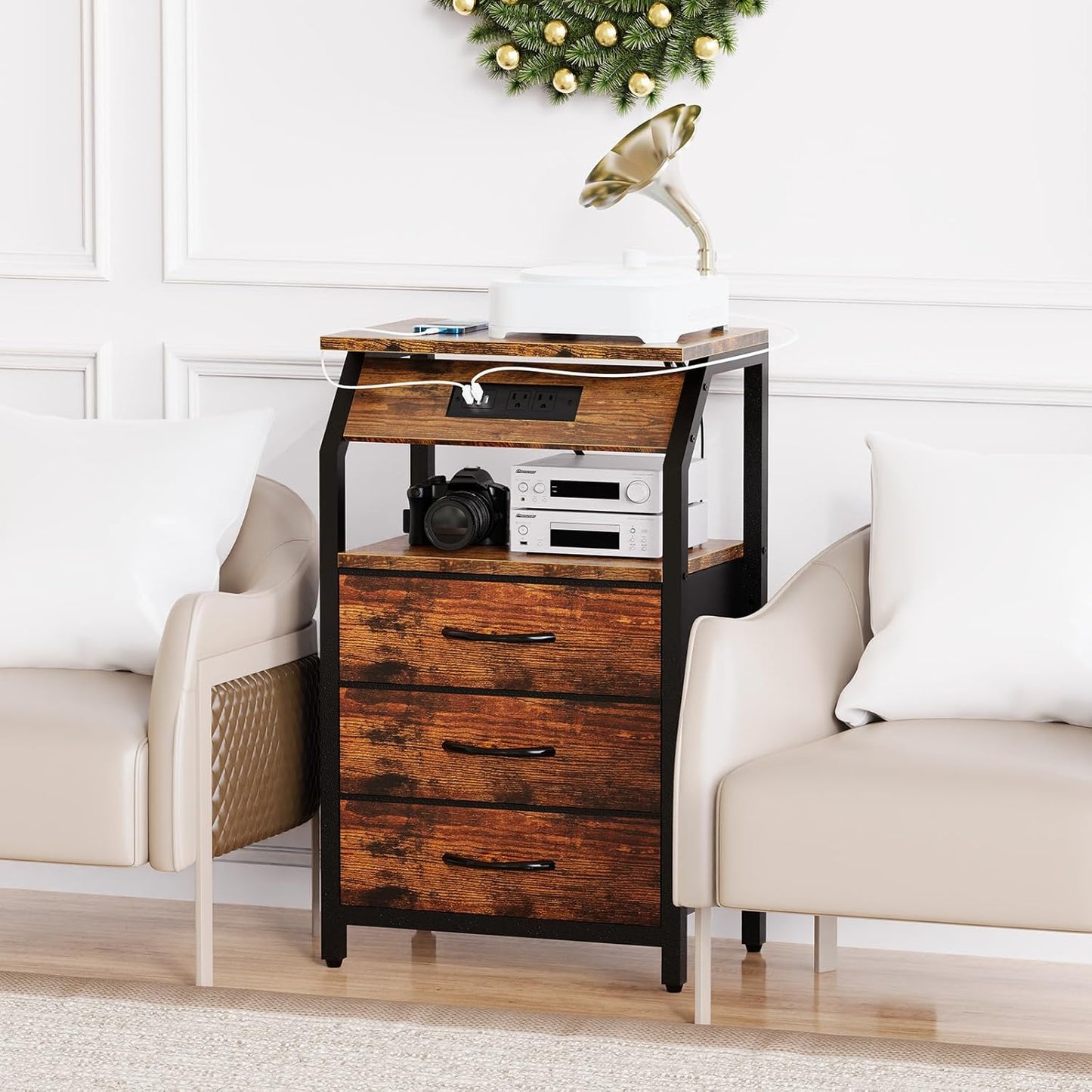 End Table with Charging Station, Nightstand with LED Lights and 3 Drawers, Small Dresser with Fabric Storage, Retro Side Table for Bedside, Living Room Dorm, Rustic Brown