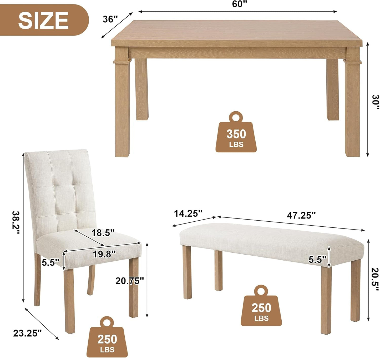 Ball & Cast Dining Table Set for 6 W/Bench & 4 Upholstered Chairs,6 Piece Dining Set W/ 60" Rectangle Kitchen Table & Anti-Scratch Pads,Table and Chairs Set for Living Room,Dining Room,Natural