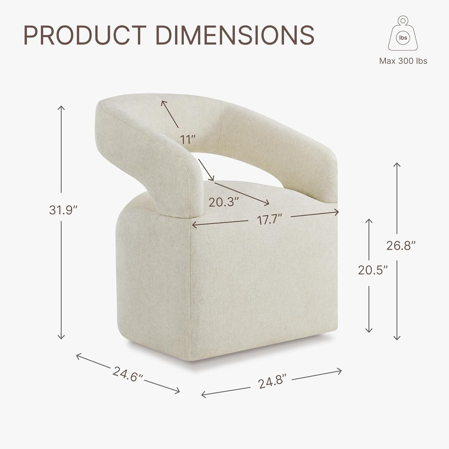 Upholstered Dining Chairs with Removable Casters Barrel Side Armchair with Rollers for Diningroom Bedroom Livingroom Reading Room, Cream Beige, 1PCS