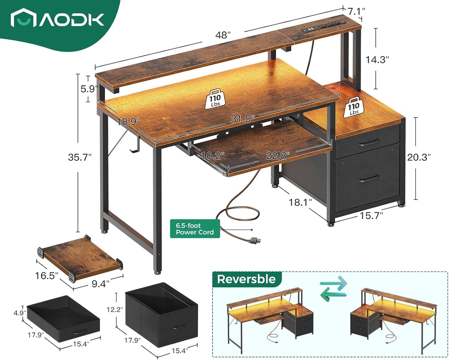 AODK Computer Desk with Drawers and Keyboard Tray, 48" Office Desk with Power Outlet and LED Lights, Reversible Study Work Desk with Printer Shelf and PC Stand for Home Office, Vintage