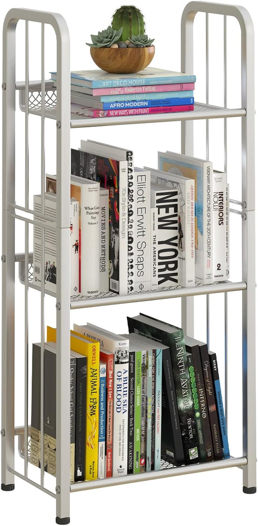 Bookshelf Storage Shelf Small Bookcase Freestanding Storage Stand for Living Room, Bedroom, Kitchen Rust Resistance, Easy Assembly Free Combination Multi-Functional Organizer (3 Tiers, White)