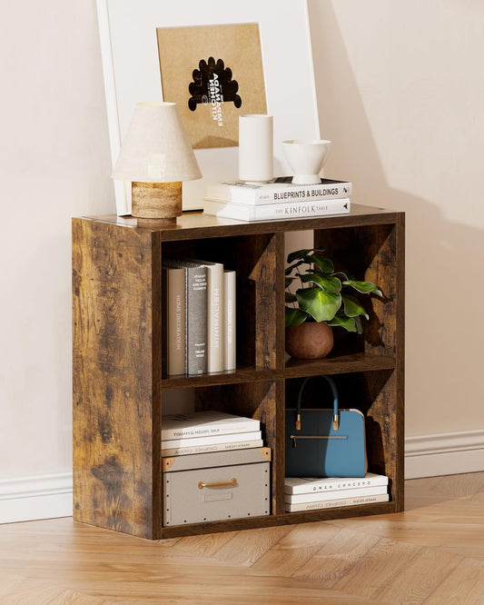 GTPLAYER 4-Cube Storage Organizer, Fits 11" Bins, Vertical or Horizontal Use, Opening Bookshelf, Partial Back Panels, Stackable Design Bookcase, for Desk, Vanity, Entryway, Rustic Brown