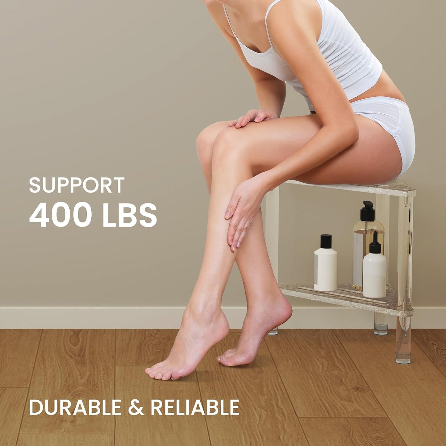 Acrylic Corner Shower Stool for Shaving Legs 11.42" D X 11.42" W X 14.37" H, Triangle Shower Foot Rest with Storage Shelf, Heavy Duty, for Inside Shower (Water Ripple Texture)