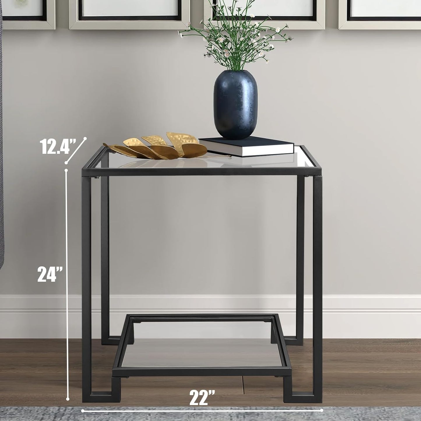 2 Tier Rectangular Side Table, Black End Table with Glass Top, Modern Metal Clear Coffee Tables，Small Accent Tables for Living Room, Bedroom, 22" x 12.4" x 24"