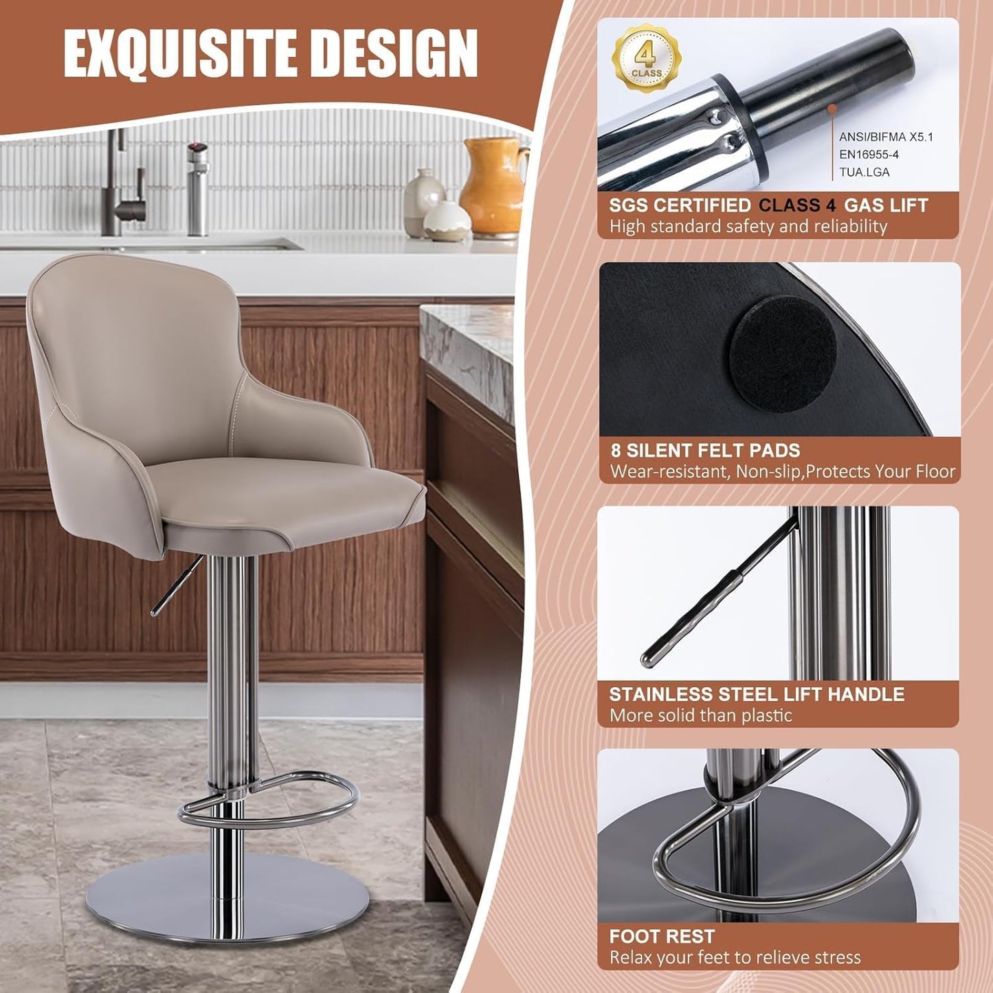 Black Titanium Stainless Steel Bar Stools,Grade Modern Leather Bar Chair with Backrest,Swivel Adjustable Height for Kitchen Counter and Dining Room (Grey Leather-2pcs)