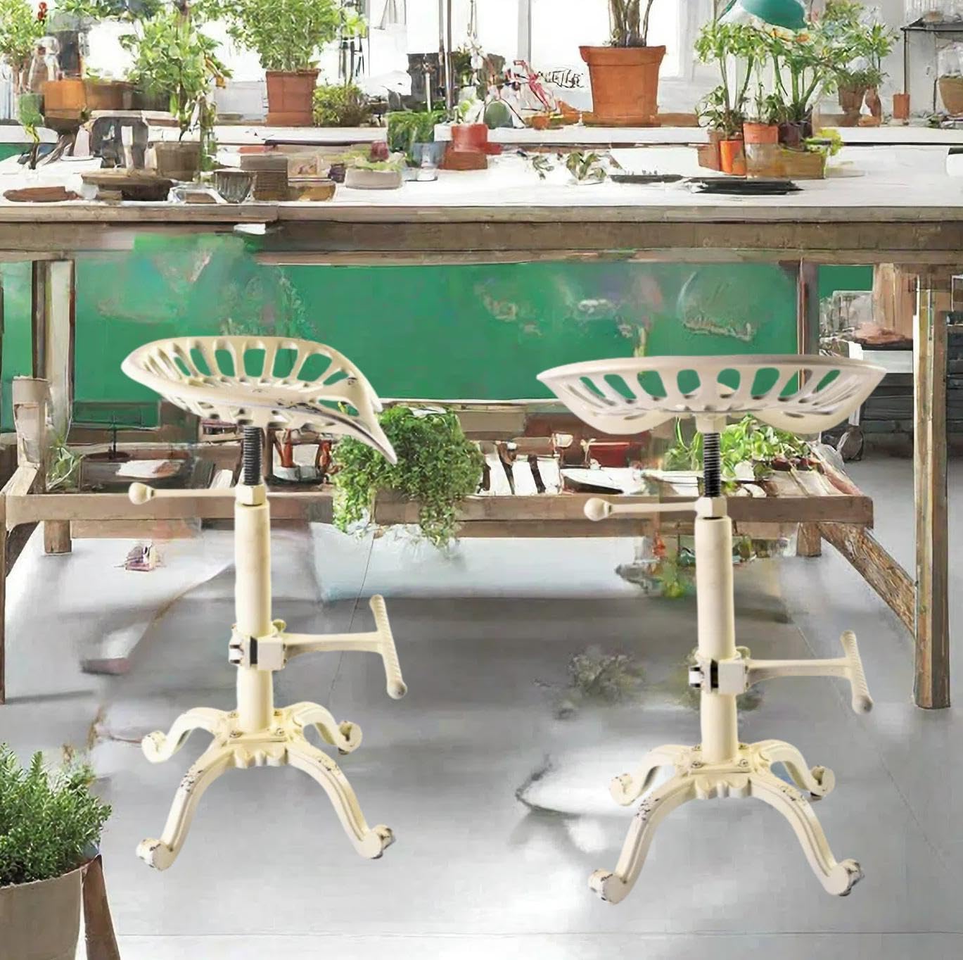 Diwhy Rustic Industrial Farmhouse Tractor Seat Adjustable Height 21.65-27.56in Bar Stool Industrial Bar Chair (Aged White, Cast Iron)