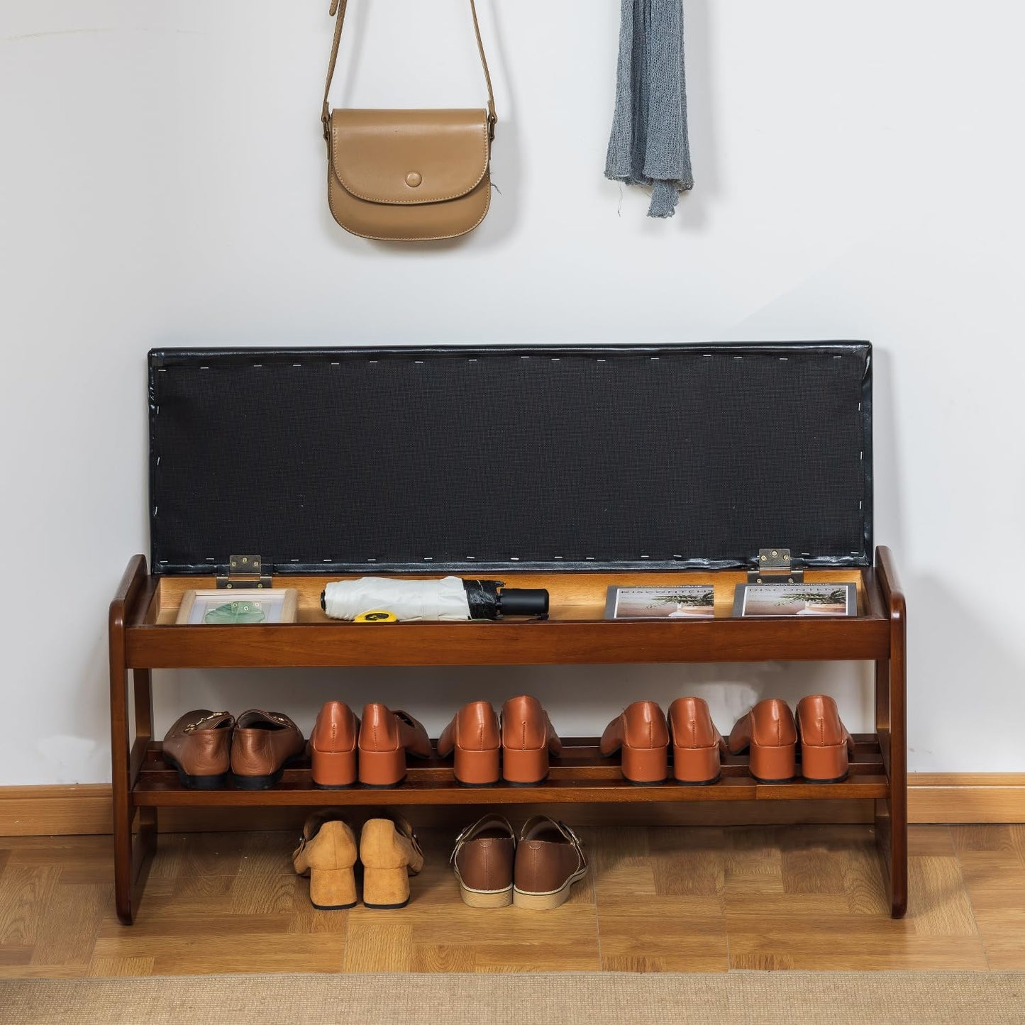 Solid Wood Shoe Bench, 2-Tier Entryway Bench with Cushion and Flip-Open Storage Box, Mid-Century Modern Shoe Bench Rack for Hallway, Mudroom(Black, 39.4'')