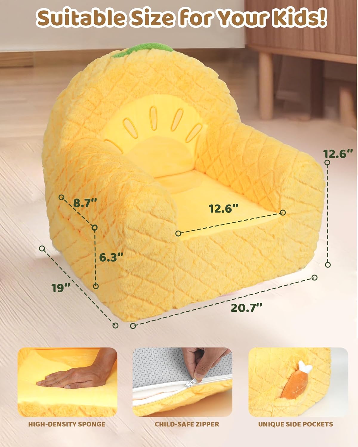 Toddler Chair, Comfy Foam Kids Couch with Soft Velvet Cover, Toddler Couch with Cute Pineapple Design for Gaming and Studying, Kids Sofa for Boys and Girls