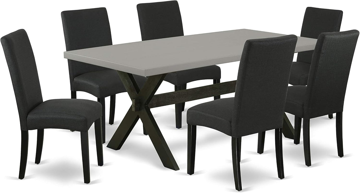 East West Furniture X697DR124-7 7 Piece Dinette Set Consist of a Rectangle Dining Room Table with X-Legs and 6 Black Color Linen Fabric Upholstered Parson Chairs, 40x72 Inch, Multi-Color