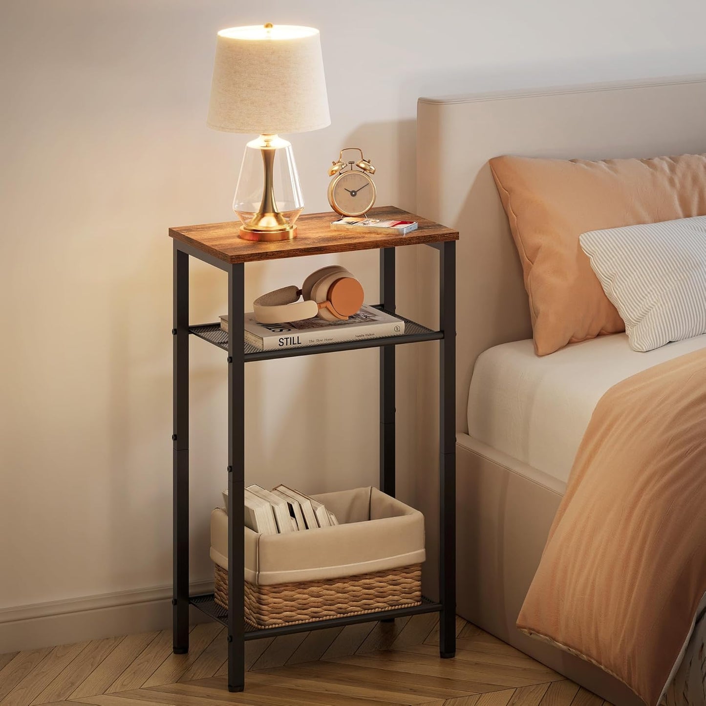 Hoctieon 3 Tier End Table, Telephone Table, Narrow Side Table with Storage, Nightstand for Small Spaces, Metal Frame, For Living Room, Bedroom, Sofa Couch, Hall, Easy Assembly, Rustic Brown