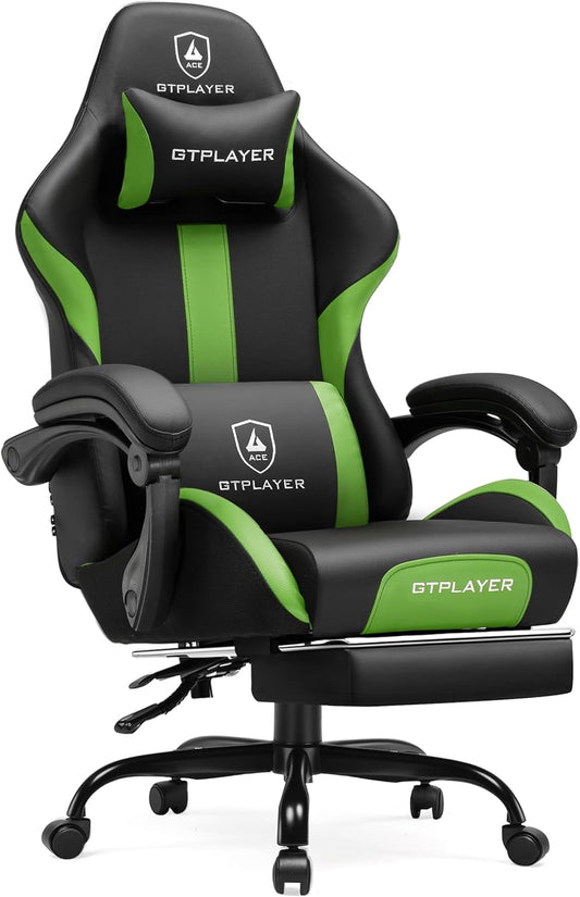 GTRACING Gaming Chair with Foot Rest & Pocket Spring Cushion, Ergonomic High Back Computer Chair with Headrest & 360°-Swivel Seat for Home Office Desk, PU Leather, Vivid Green