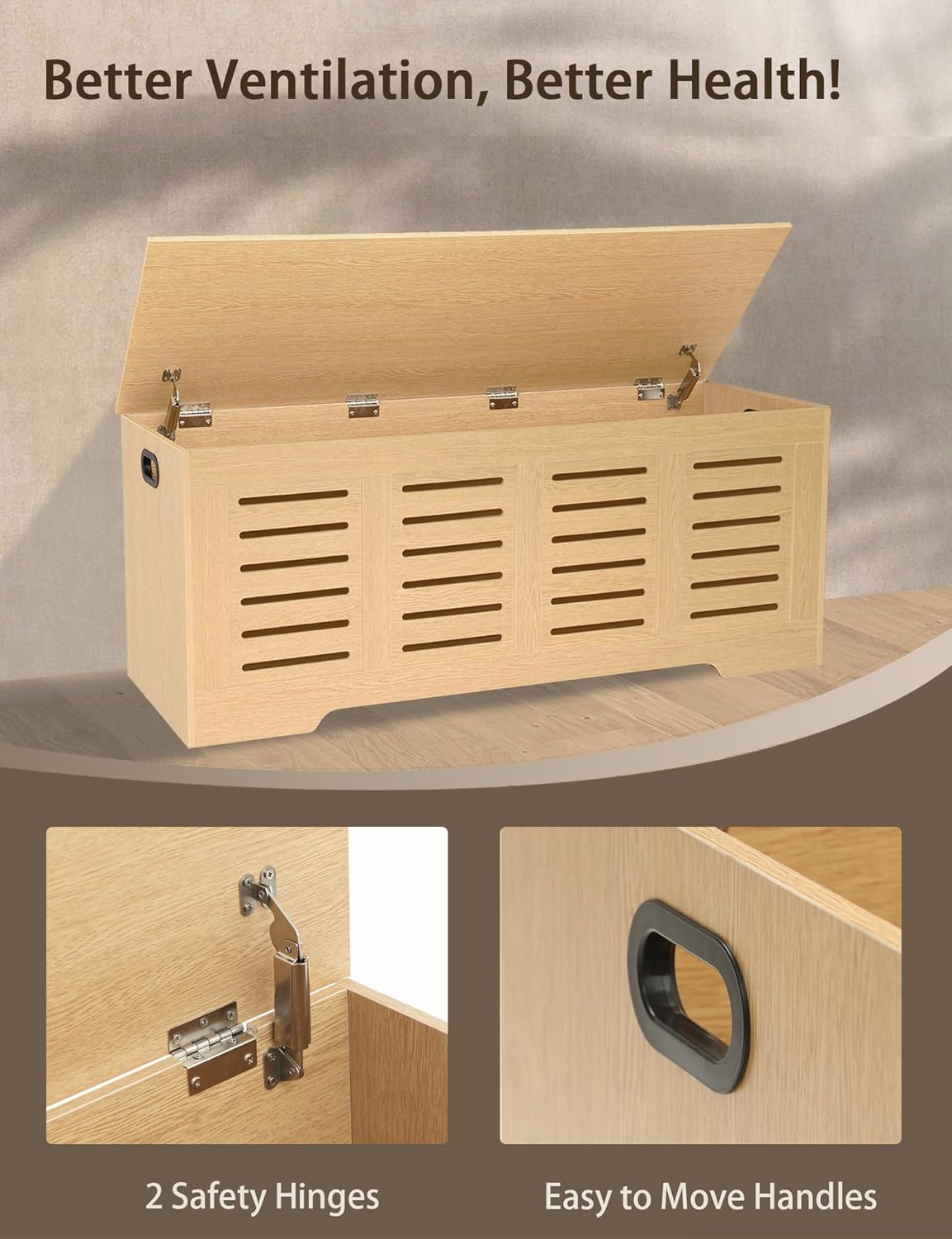 DINZI LVJ Storage Chest, 47.3”Wooden Storage Box with 2 Safety Hinges, Entryway Shoe Bench with Flip-Top, Farmhouse Style Trunk for Living Room, Bedroom, Play Room, Easy Assembly, Natural