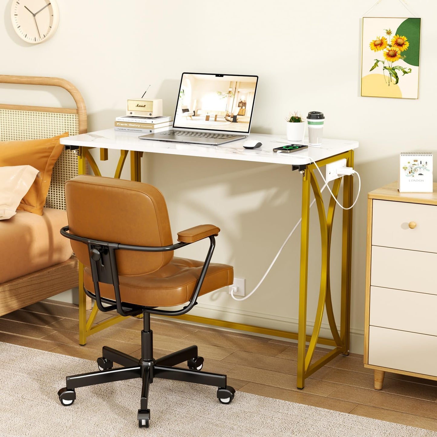 Folding Desk, 31.5" Small Desk for Bedroom with Power Outlet, Space Saving Foldable Computer Desk for Home Office, Easy Assembly, White and Gold