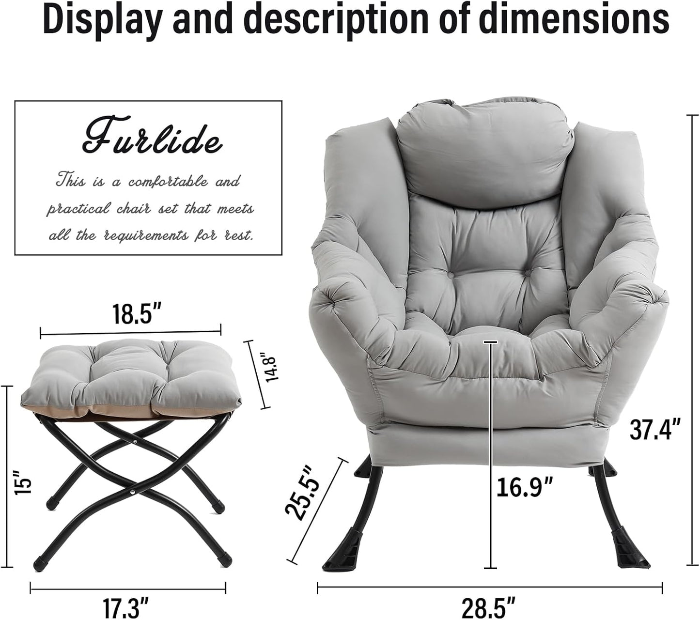 Lazy Chair with Ottoman, Modern Chair with Folding Footrest, Lounge Accent Chair, Comfortable Reading Chair (Light Grey)
