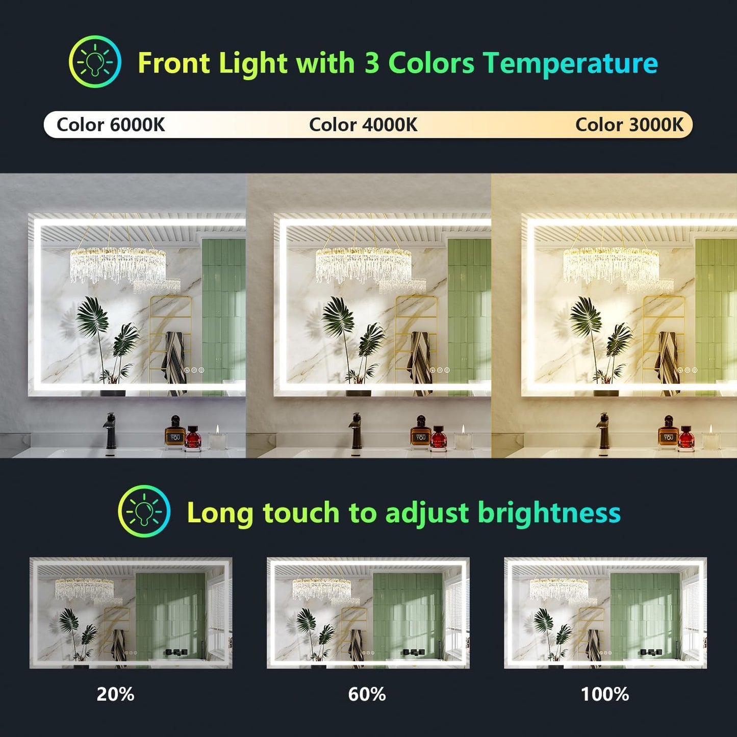 68x40 Inch RGB LED Bathroom Mirror Front Light and RGB Backlit Lighted Vanity Mirror for Bathroom Wall Mounted Dimmable Anti Fog Memory Shatter-Proof IP54 Waterproof Horizontal/Vertical