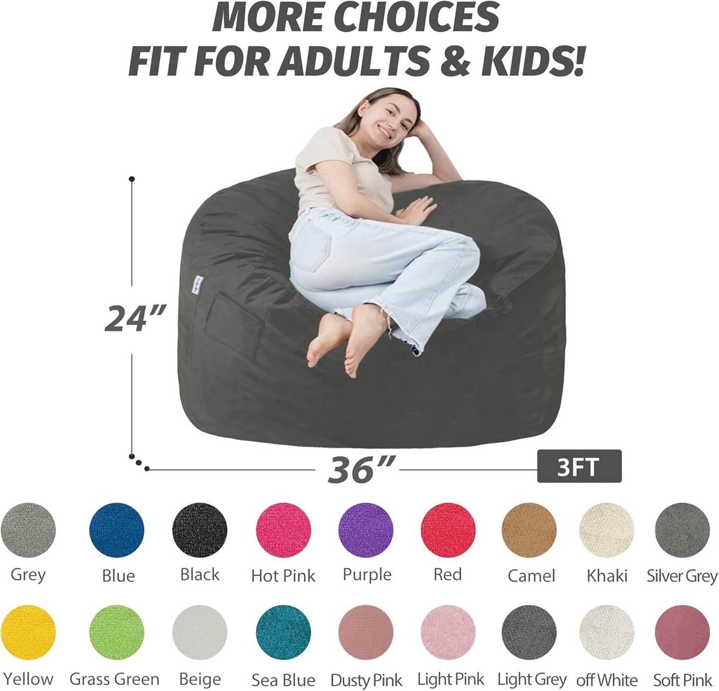 3FT Bean Bag Chair with Ultra Soft Velvet Cover Bean Bag Sofa with Memory Foam Bean Bag Chairs with Large Size Lazy Sofa for Dorm Office Living Room Bedroom Grey 3'