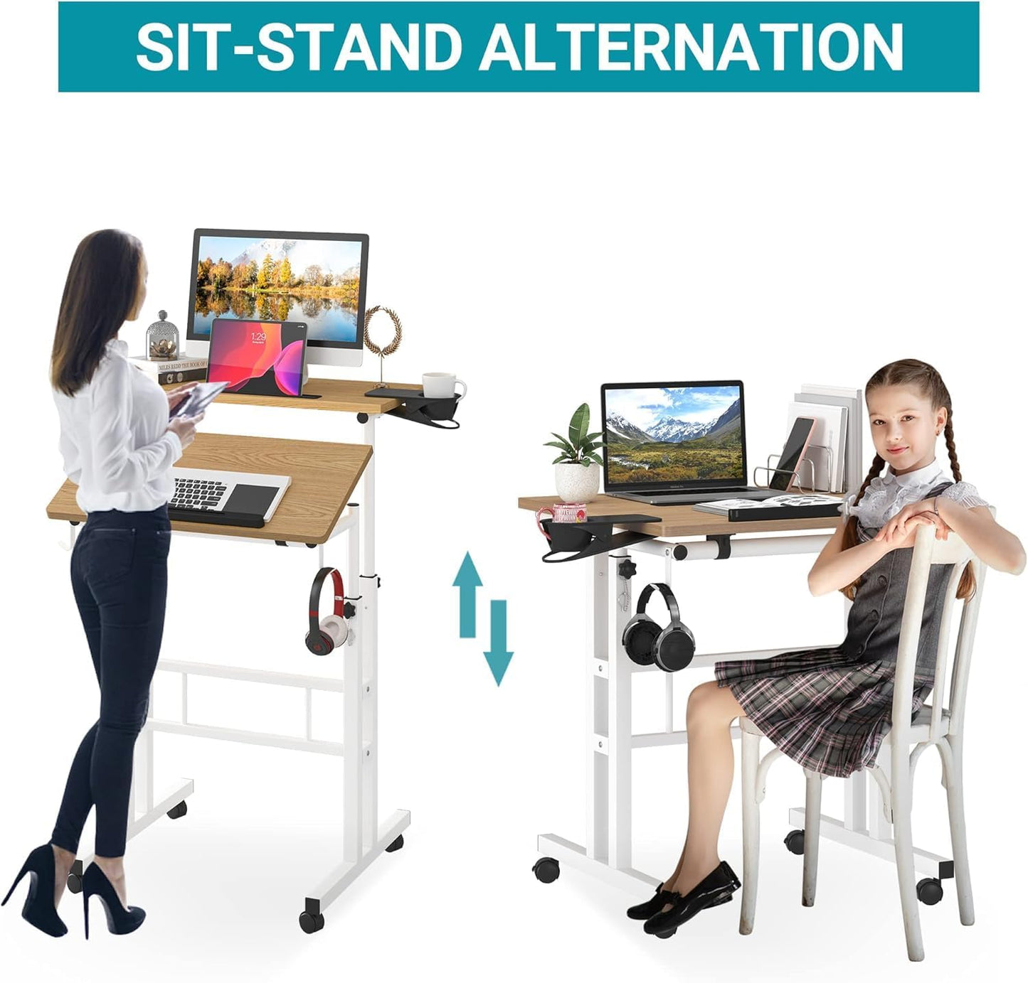 Klvied Mobile Standing Desk with Removable Cup Holder, Portable and Easy to Move, Ideal for Home or Office, Khaki
