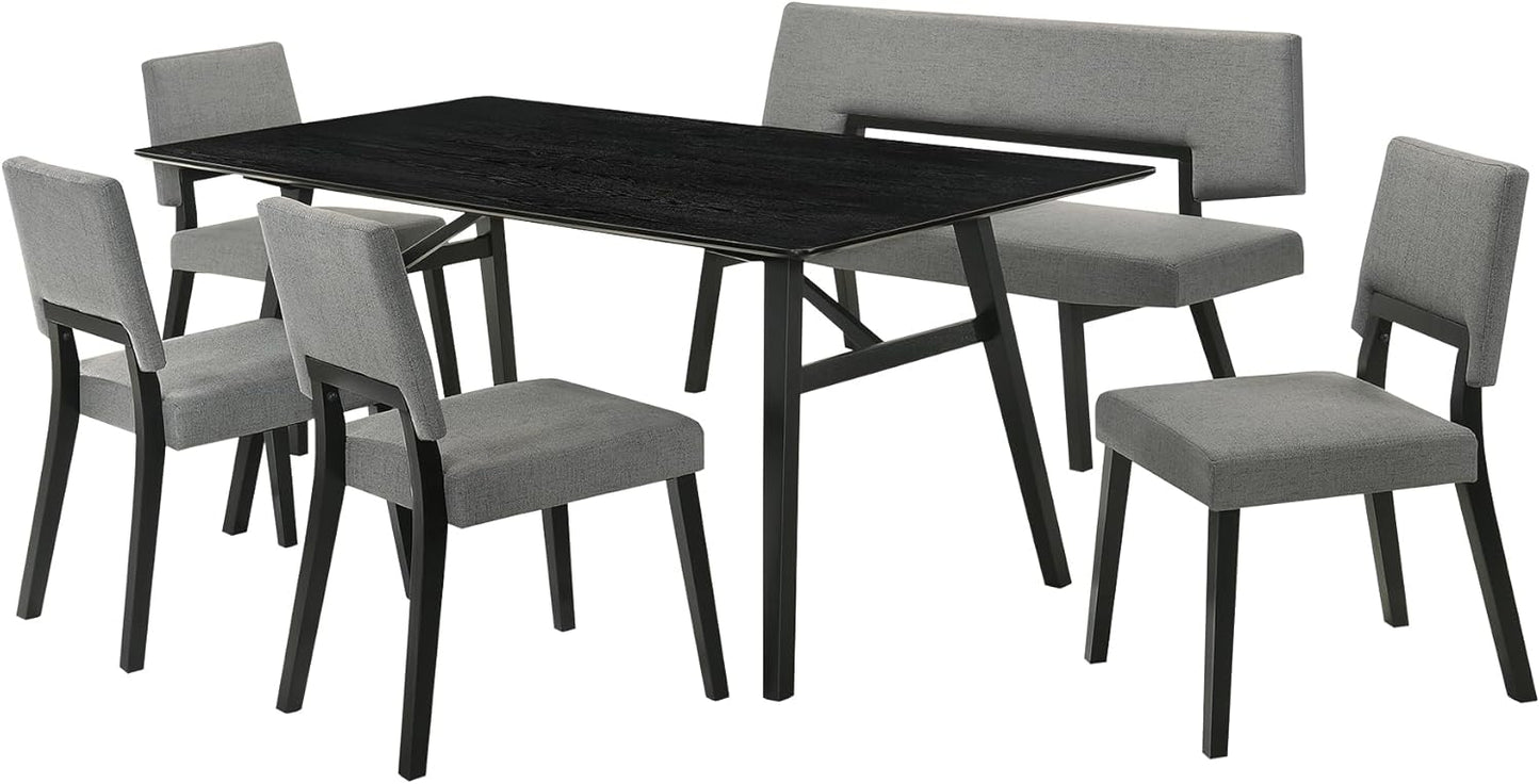 Armen Living Channell Mid Century Modern 6 Piece Black Wood Dining Table Set with Bench in Charcoal Fabric
