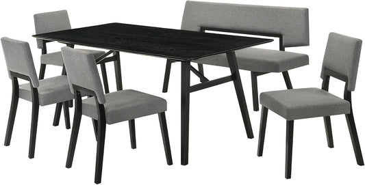 Armen Living Channell Mid Century Modern 6 Piece Black Wood Dining Table Set with Bench in Charcoal Fabric