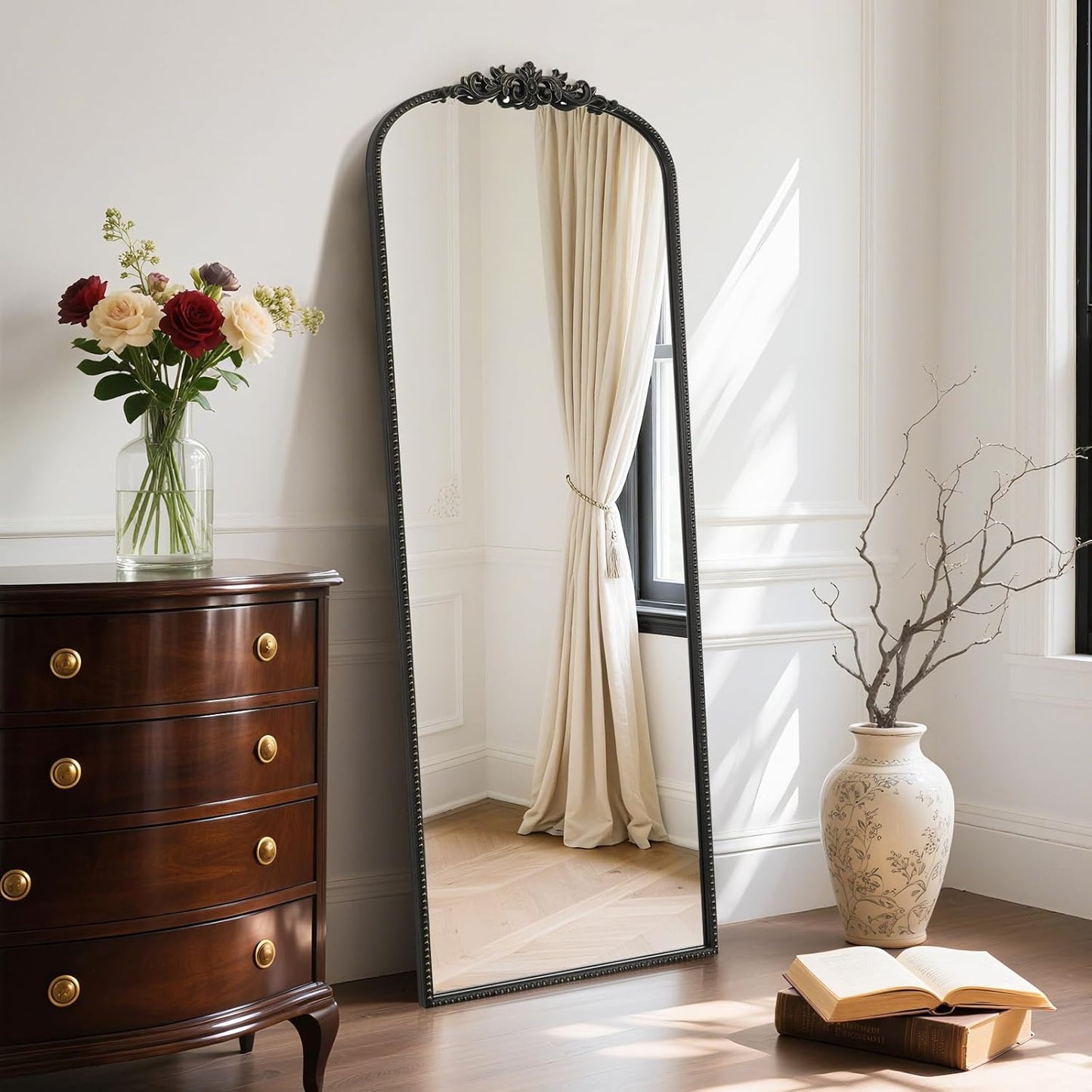 WallBeyond Arched Full Length Mirror Wall Mounted, 21x56 Inch Black Antique Mirror, Vintage Metal Frame Full Body Mirro for Bedroom, Living Room, Hanging or Leaning