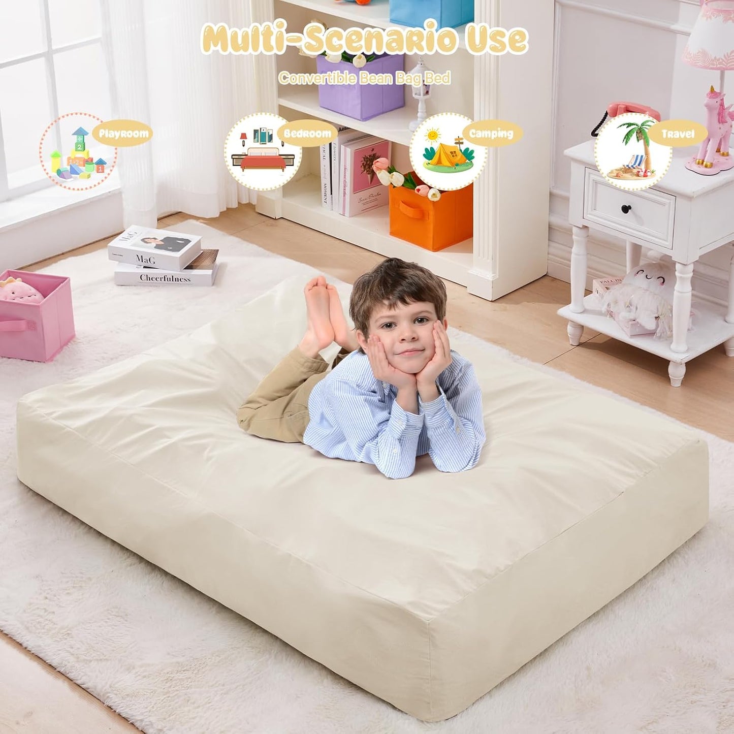 Kids Bean Bag Chair Bed - Convertible Lazy Chair to Floor Mattress with Filler - Small Beanbag Chair for Boys and Girls - Floor Couch Sofa in Bedroom, Classroom, Reading Nook - Beige