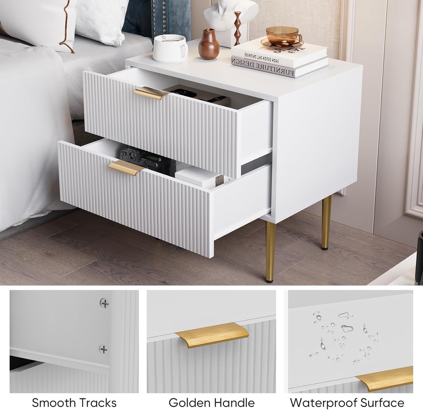 White Nightstand for Bedroom, Fluted Night Stand, End Table for Living Room, Mid Century Modern Bedside Table with Drawers, Bed Side Table with Gold Metal Legs, Bedroom Furniture Stripe