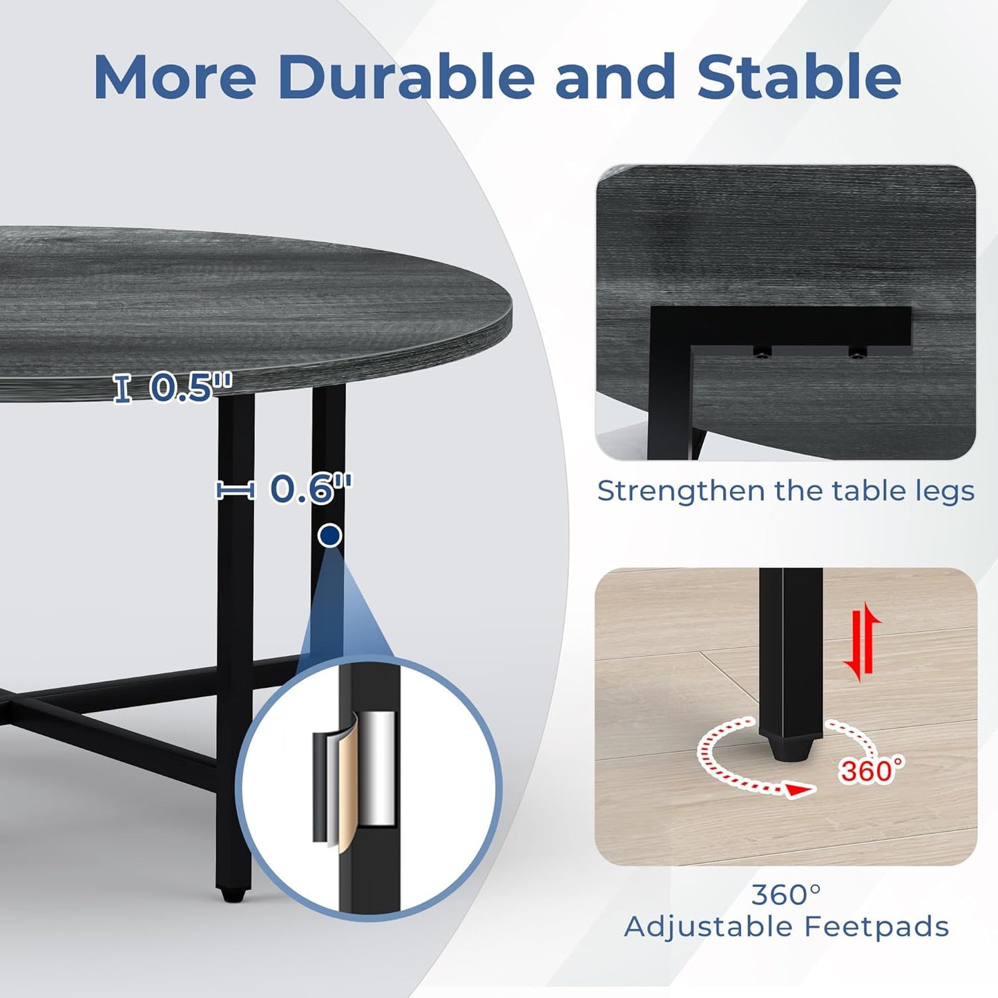 Coffee Table, 23.6" Coffee Tables for Living Room, Round Coffee Table with Metal Frame, Floor Table for Sitting on The Floor, Home, Office, Elegant Gray