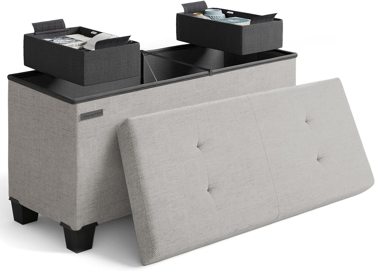 STORAGEBUD Storage Ottoman Bench with Bins, 30-in Storage Bench for Bedroom End of Bed, Folding Foot Rest Ottoman for Living Room Max 660lbs, Fabric Ottomans, Light Grey