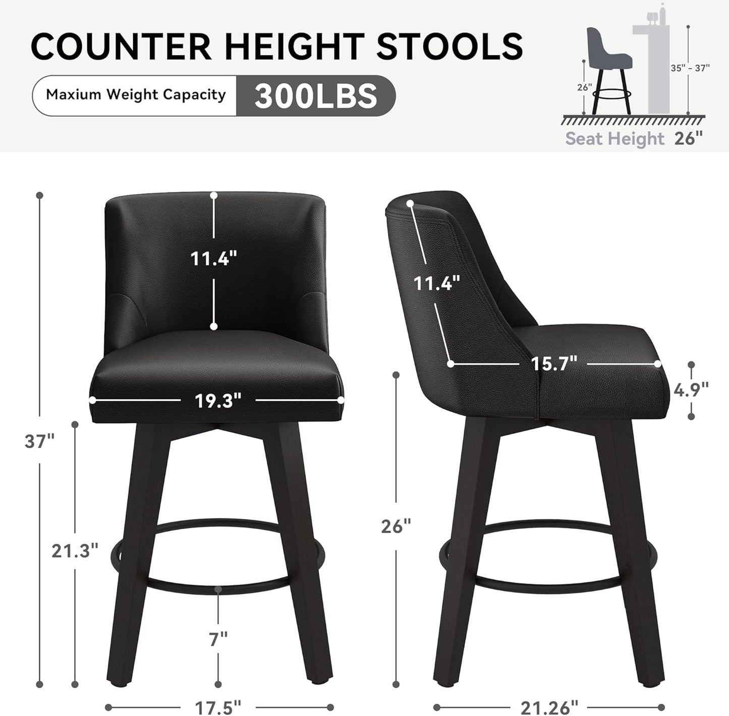Counter Height Swivel Bar Stools Set of 6, 26 Inch Bar Stools with Footrest, Faux Leather Upholstered Barstools with Back and Solid Wood Legs for Kitchen Island, Dining Room,Pub,Black