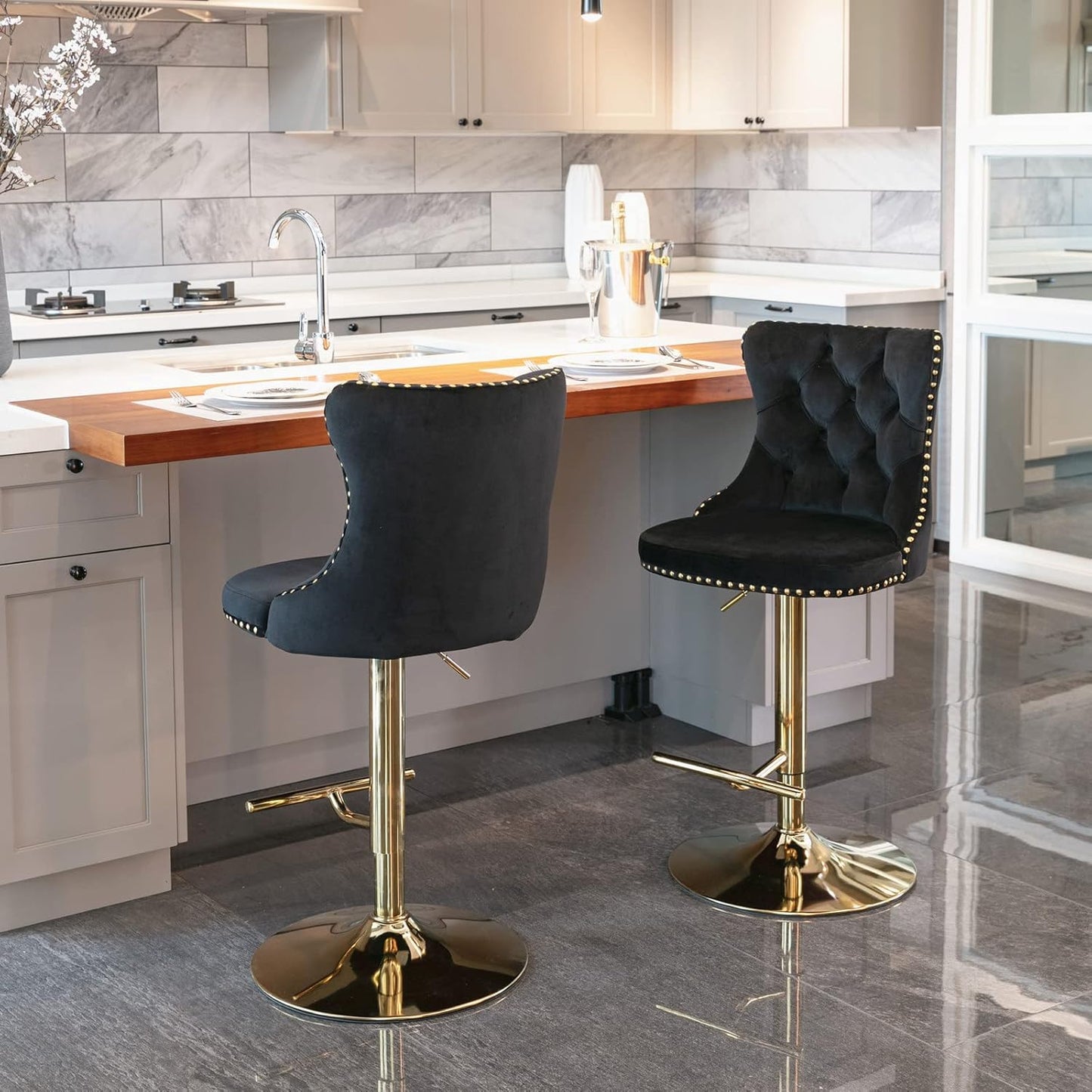 PacknWood Acosure Golden Swivel Velvet Barstools Adjusatble Seat Height from 25-33" with Comfortable Tufted,Modern Upholstered Chrome Base Bar Chairs,for Home Pub Kitchen,Black,Set of 2