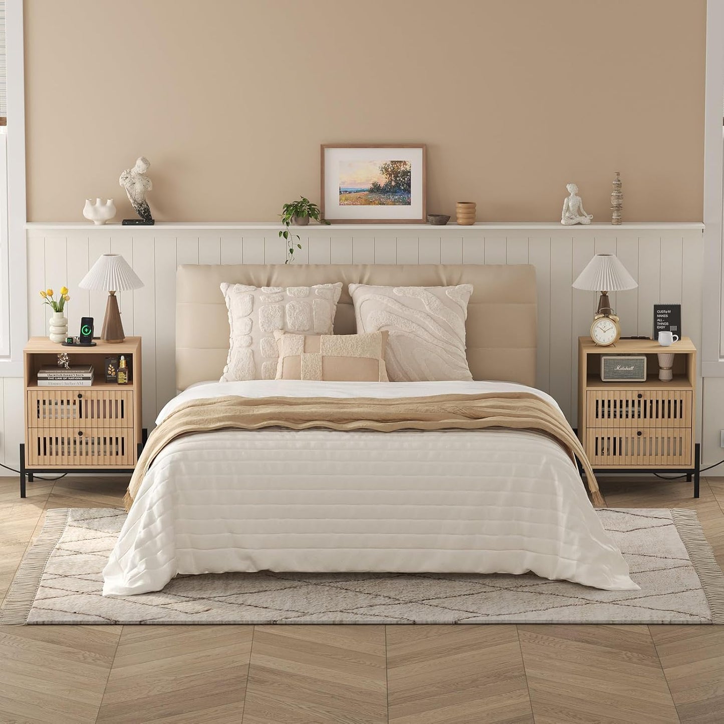 Vabches End Table Industrial Style Nightstand with USB Ports and Outlets, Bedside Table with 1 Open Shelf and 2 Hollowed Drawers for Bedroom, Living Room, Set of 2